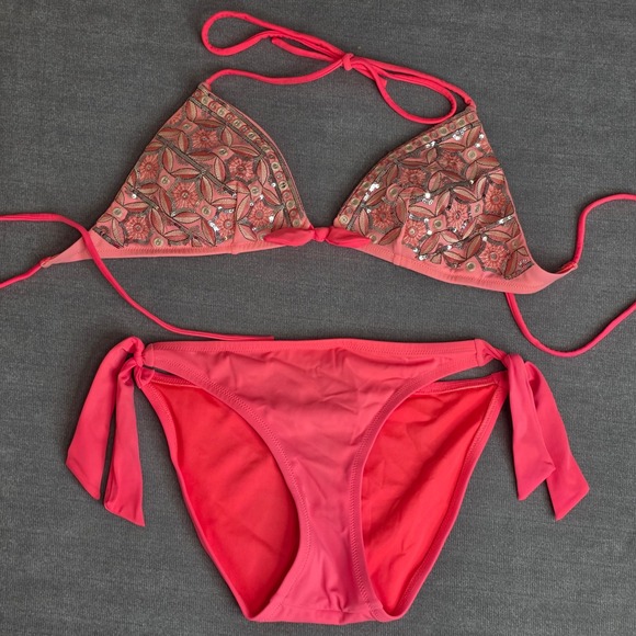 Victoria's Secret Other - Victoria's Secret Bikini Womens S Coral Sequin Embroidered Boho Bling Swimsuit